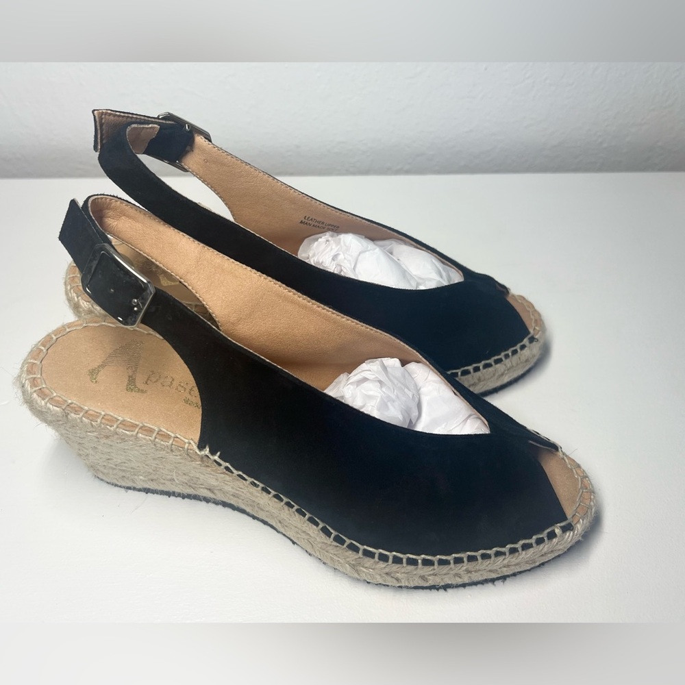 Paseart | Espadrilles Wedge | Heels Black Suede Leather | Peep Toe Sling back 8